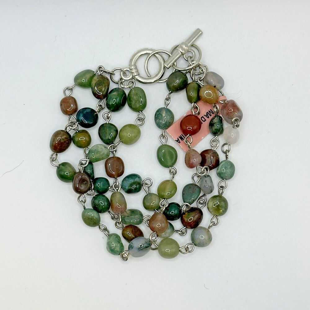 Stone Bracelet Green & Brown Agate Multi Strand Crystal Bead Toggle Clasp Boho